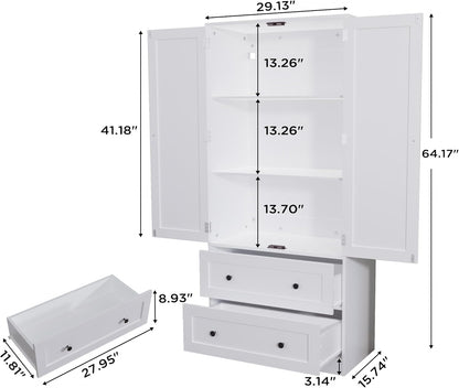 64.2" Tall White Kitchen Pantry, Storage Cabinet with Doors and Drawers, Freestanding Wooden
