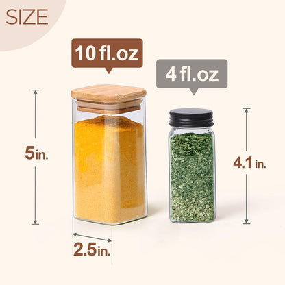 ComSaf 12Pcs Glass Spice Jars with Bamboo Lid, 10oz Airtight Square Containers with 275 Black