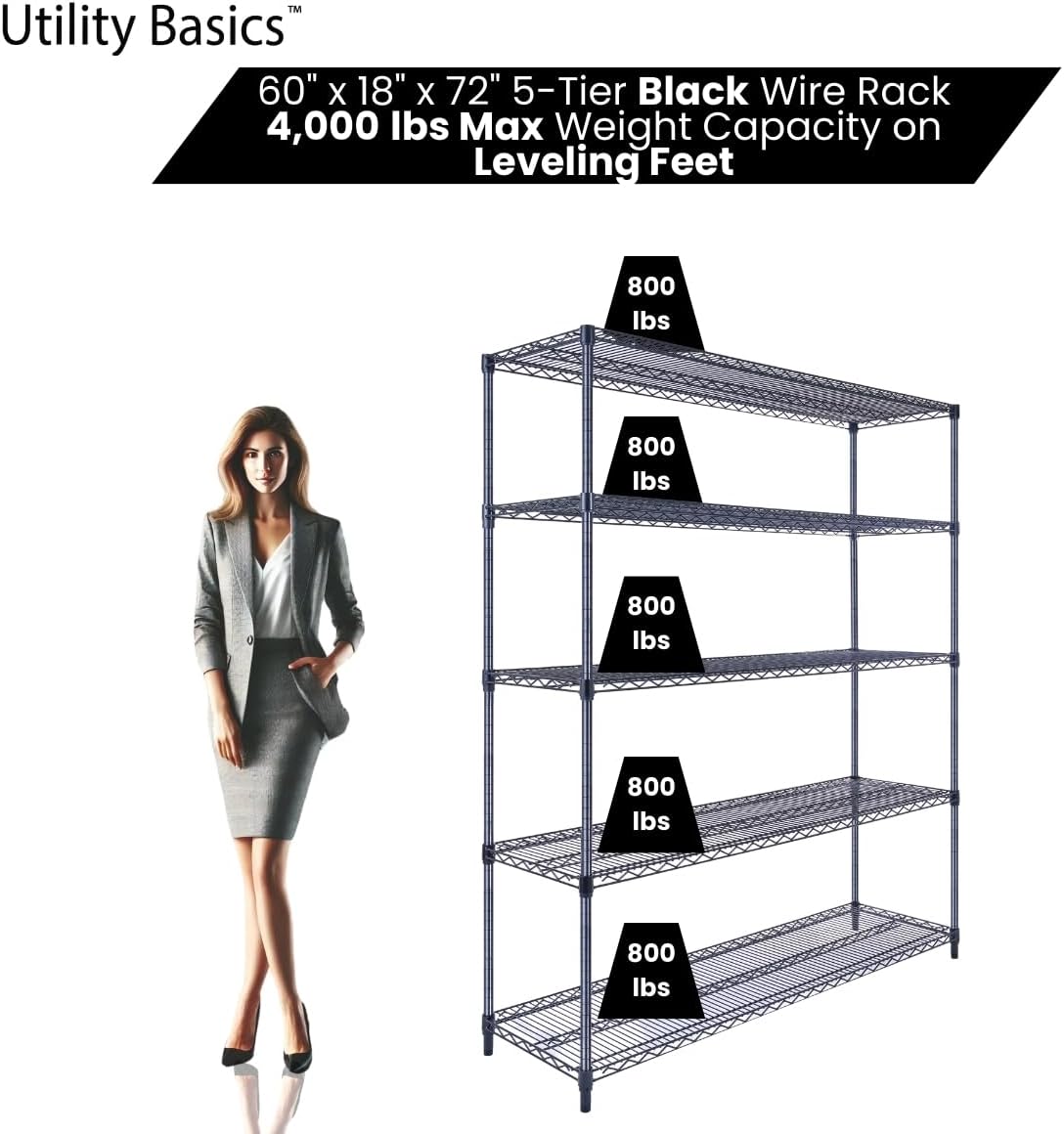60"x18"x72" Black 5-Tier Premium Wire Shelving NSF 4000 LBS MAX Capacity Heavy Duty Steel Storage