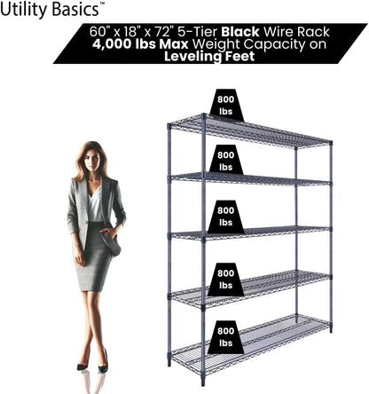 60"x18"x72" Black 5-Tier Premium Wire Shelving NSF 4000 LBS MAX Capacity Heavy Duty Steel Storage