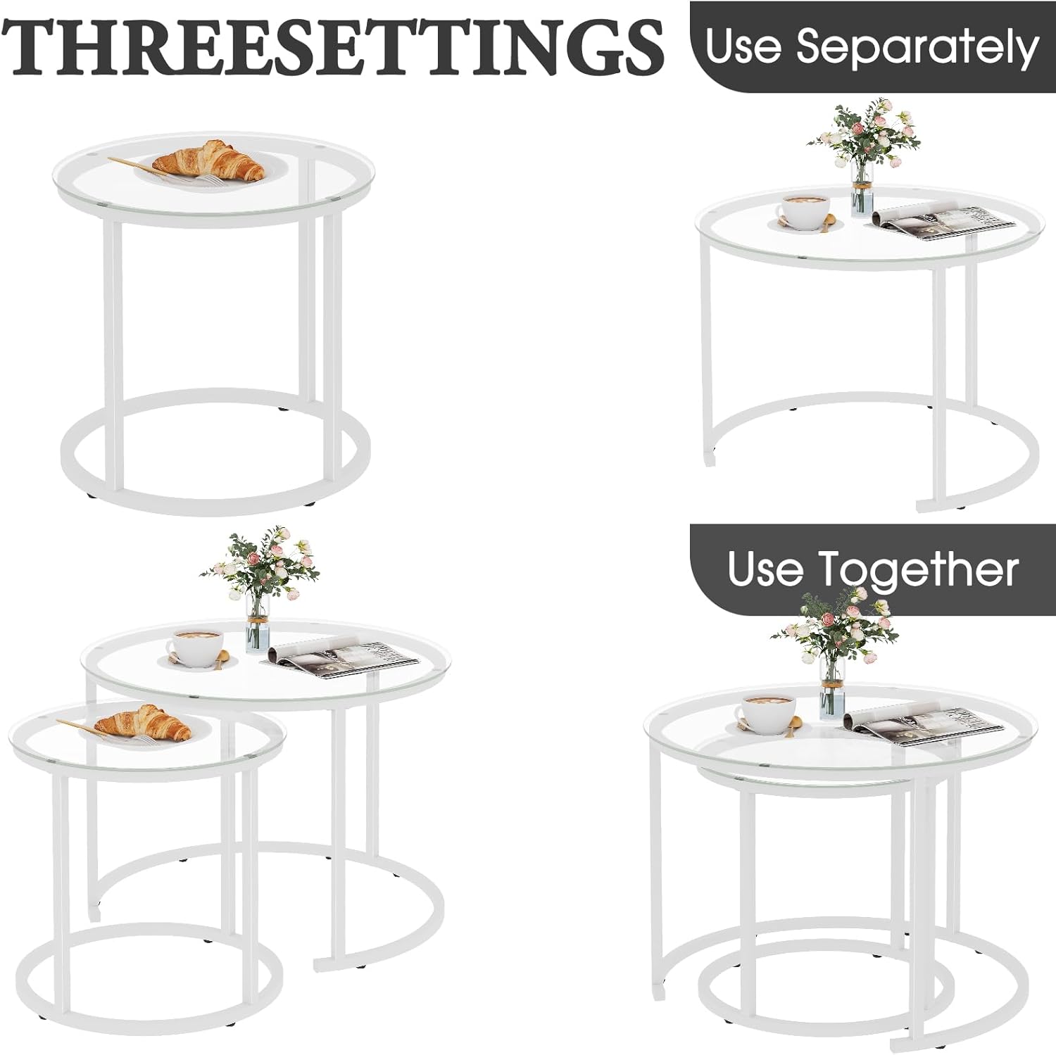 aboxoo White Nesting Glass Table Set of 2, Small Glass Round Nesting Tables for Living Room