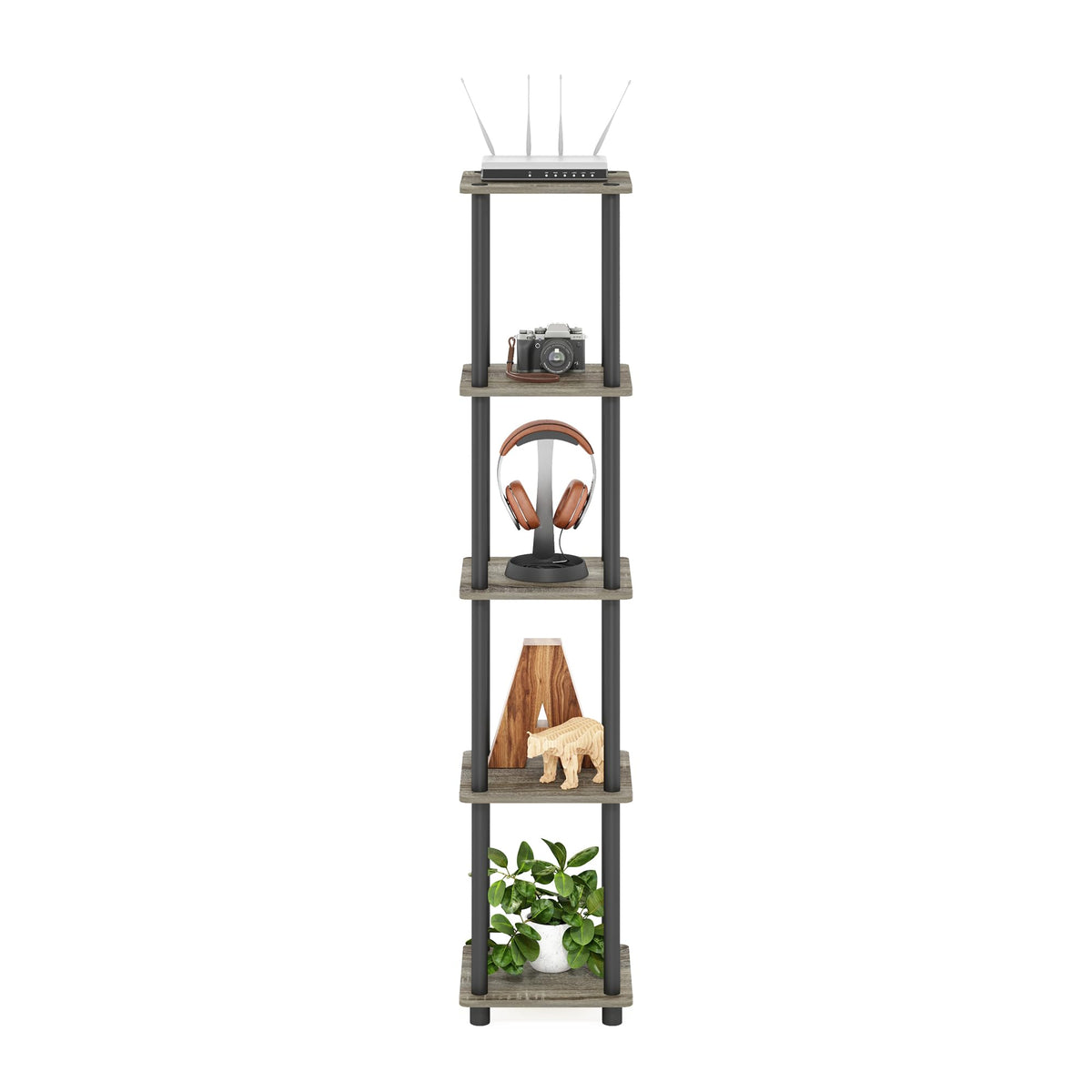 FURINNO Turn-N-Tube 5-Tier Corner Square Rack Display Shelf, Round, French Oak Grey/Black