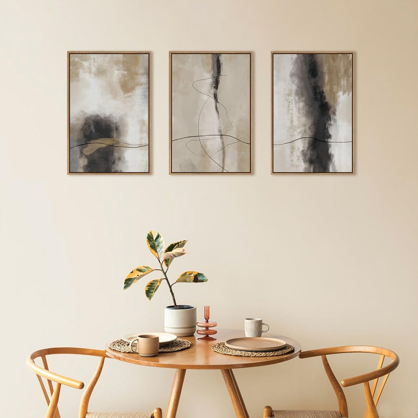 HPINUB Large Modern Abstract Framed Canvas Wall Art Set,Geometric Line Black White and Beige