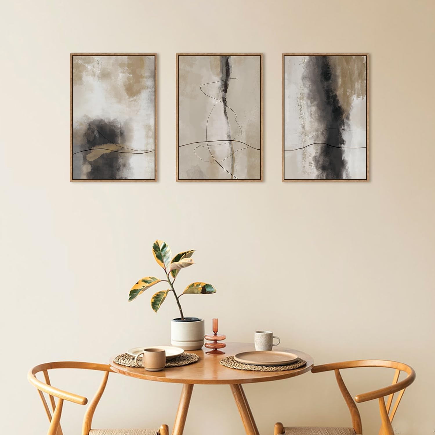 HPINUB Large Modern Abstract Shapes Framed Canvas Wall Art Set,Neutral Black and White Wall