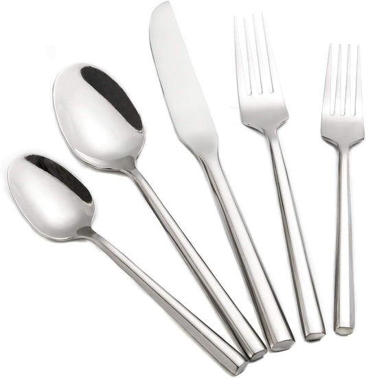Hand Forged Stainless Steel Flatware Set Silverware Set Cutlery Set Hexagon Handle 5 Pieces Service