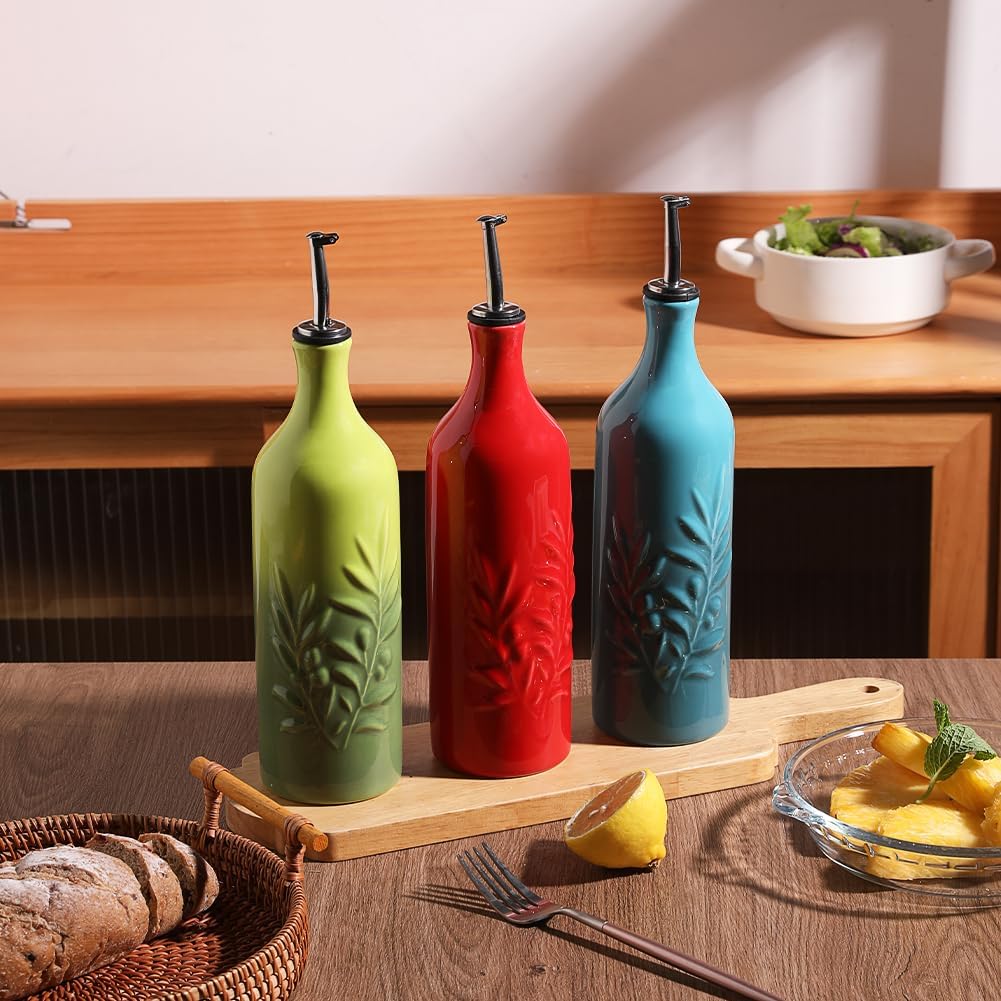 Sweejar Large Ceramic Olive Oil Dispenser Bottle, 24 Oz Relief Opaque Oil Cruet Protects Oil To