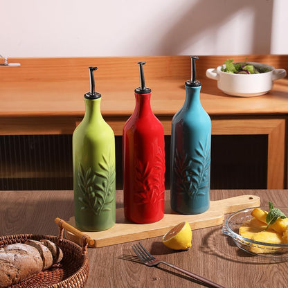 Sweejar Large Ceramic Olive Oil Dispenser Bottle, 24 Oz Relief Opaque Oil Cruet Protects Oil To