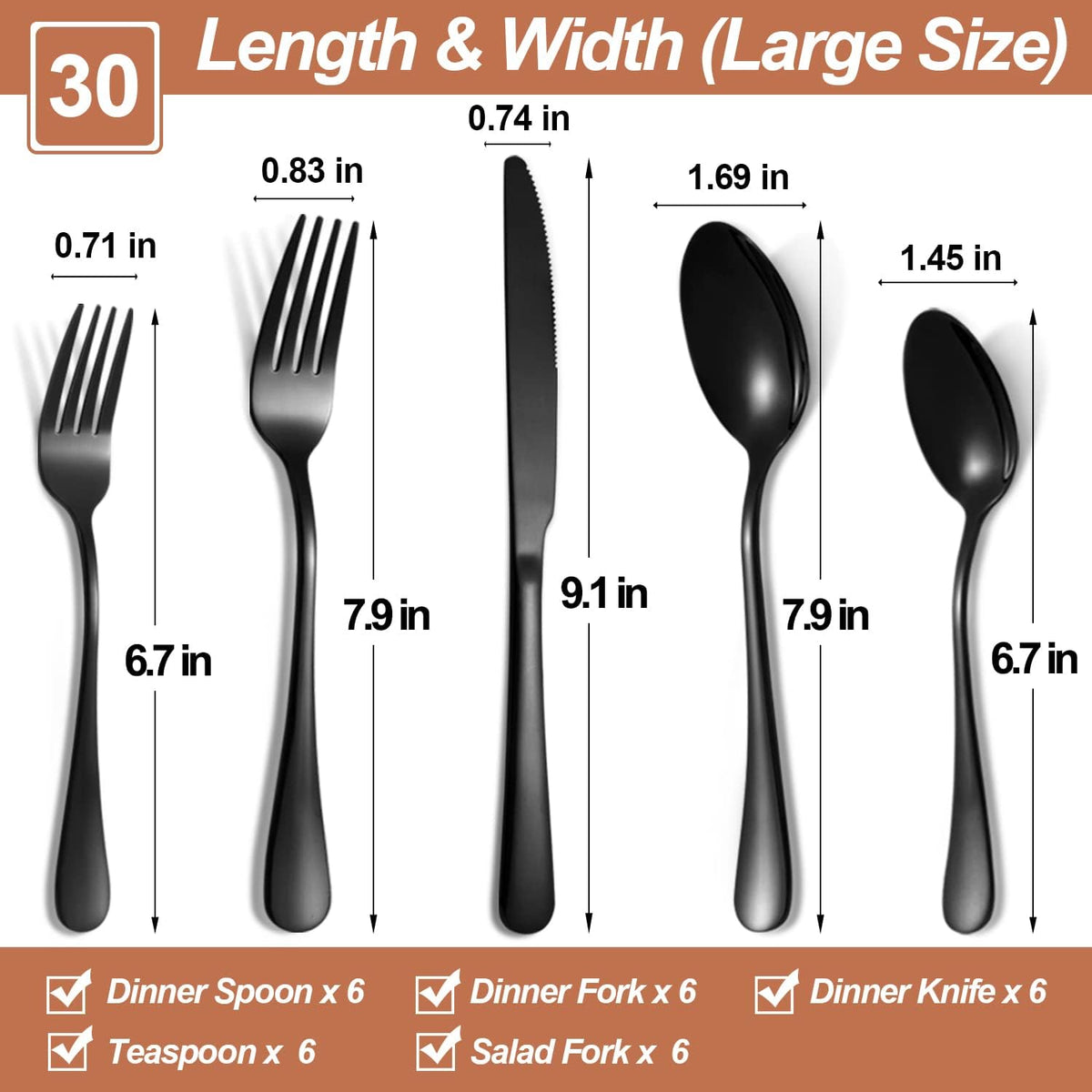 Lazycorner 30 Pcs Black Silverware Set for 6, Mirror Polished Flatware Set Stainless Steel Fork