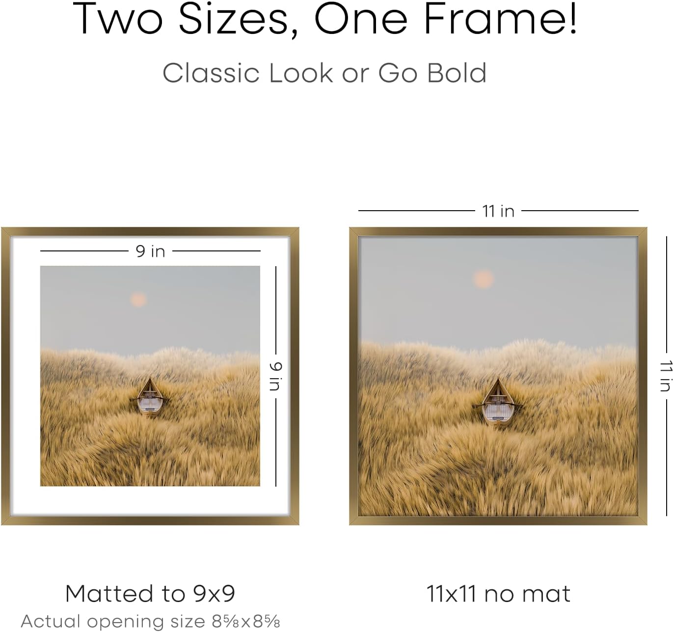 Homeforia 11x11 Picture Frame Brass, High End Metal 11 by 11 Square Bronze Frames with Mat 9 x 9