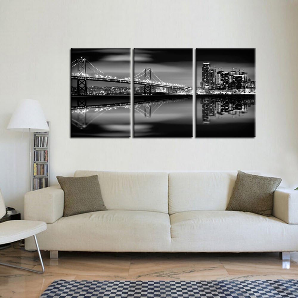 KREATIVE ARTS - San Francisco Bay at Night in Black and White Bridge 3 Panels Modern Landscape