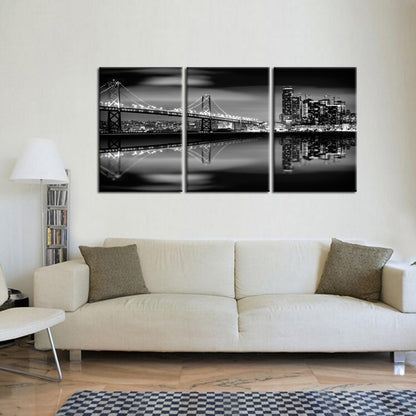 KREATIVE ARTS - San Francisco Bay at Night in Black and White Bridge 3 Panels Modern Landscape