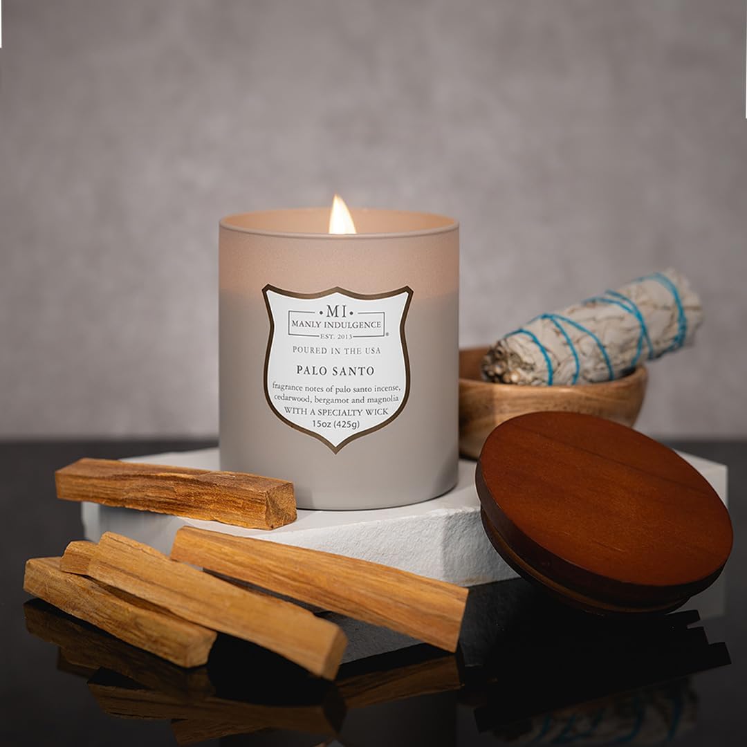 Manly Indulgence Palo Santo Scented Candles for Men, 15 oz Wooden Wick, Premium Soy Blend Wax, 60H