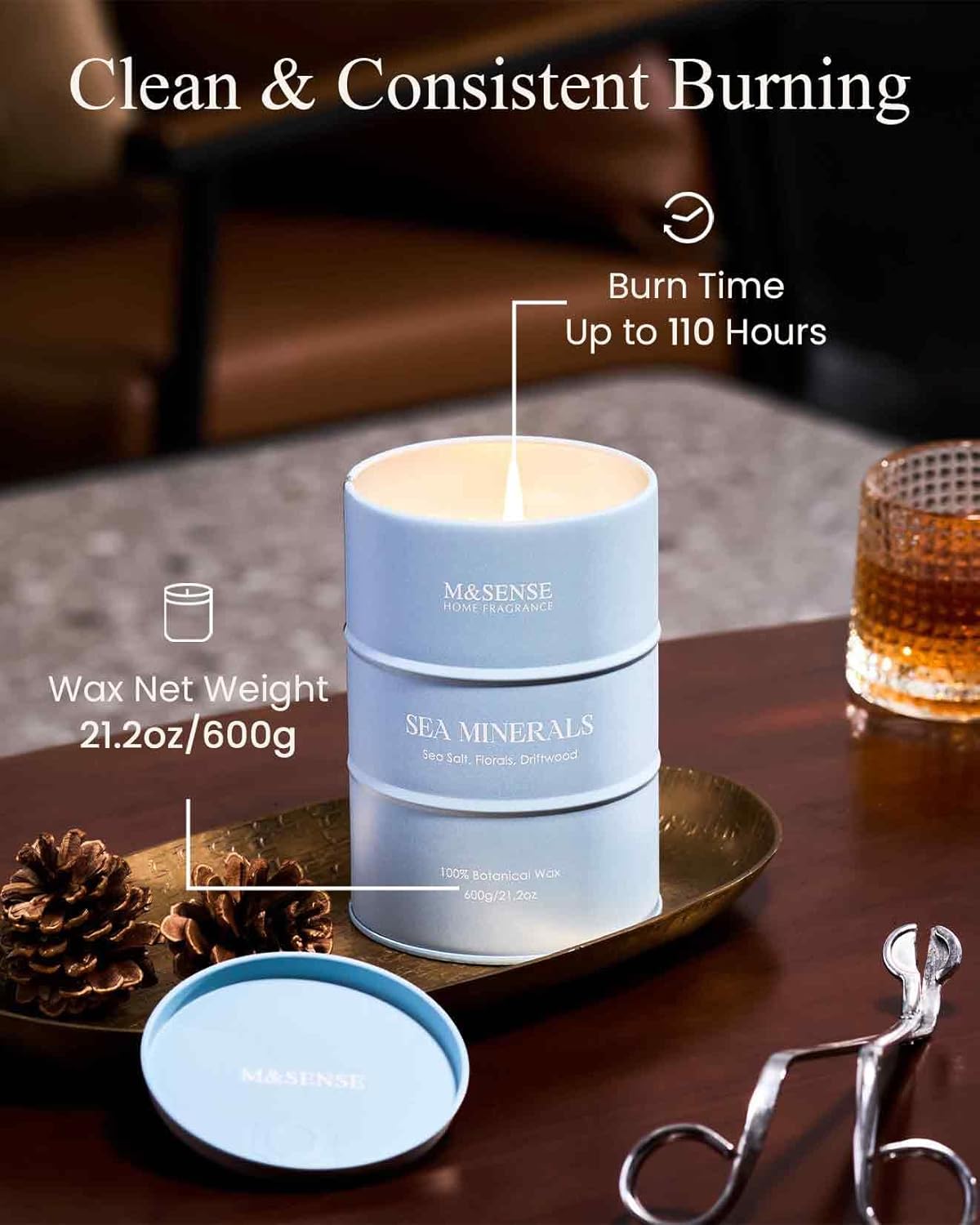 M&SENSE Sea Minerals Scented Candles Ocean Large, Natural Soy Candles 21.2oz 120 Hour Slow