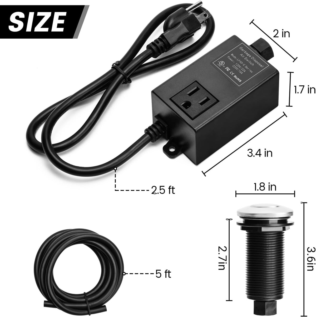 Garbage Disposal Air Switch Kit for SinkTop Waste Disposal with Stainless Steel Polished Long Air