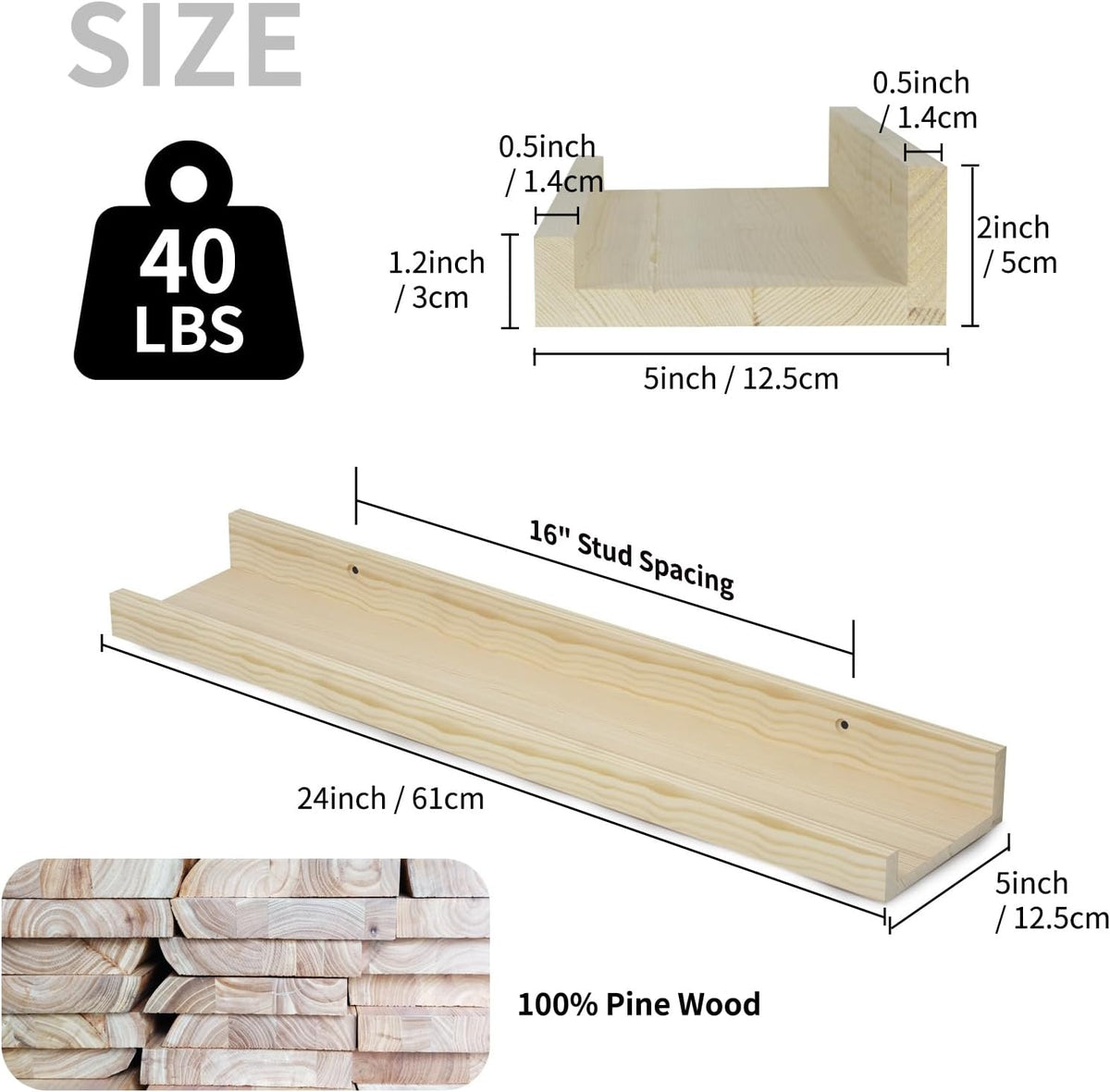 SAUMONIERES Picture Ledge Shelf Floating Book Shelves Set of 2 Wall Mounted Solid Wood for Bedroom