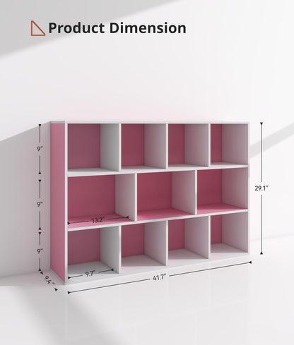 11-Cube Pink Kids Bookshelf and Toy Organizer – Wooden Storage Shelf for Girl’s Room and Nursery