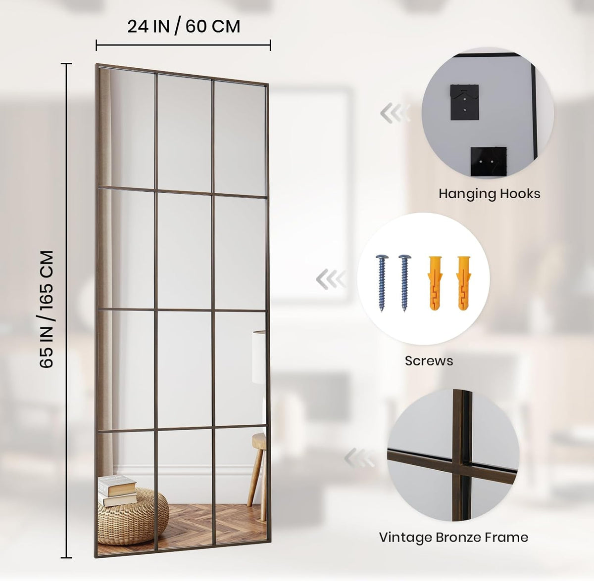 Windowpane Mirror Full Length 65"x24" Wall Mounted Bronze Art Pane Mirror Farmhouse Decorative