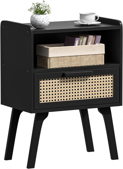 Lerliuo Rattan Nightstand, Bedside Table with Drawer Open Shelf, Cane Accent Side End Table with