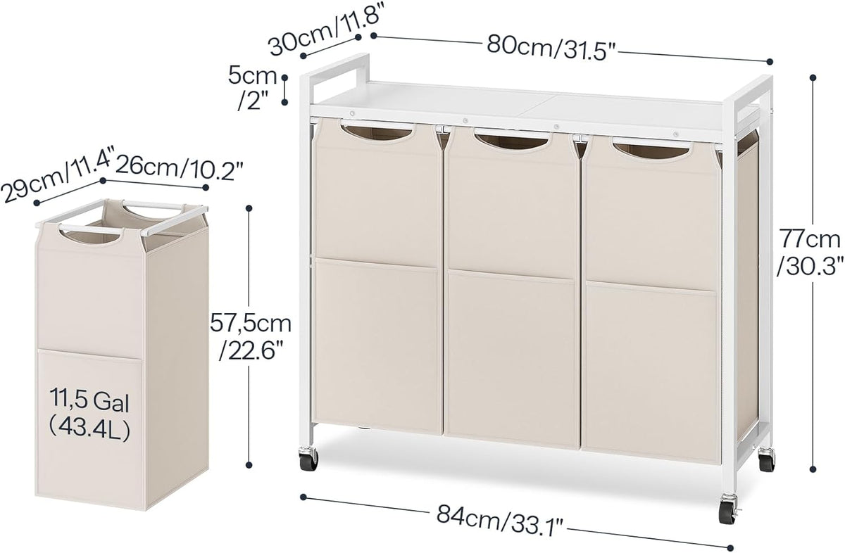 HOOBRO Laundry Sorter 3 Section, Laundry Hamper with Wheels, 3 × 11.5 Gal (43.4L), Rolling Laundry