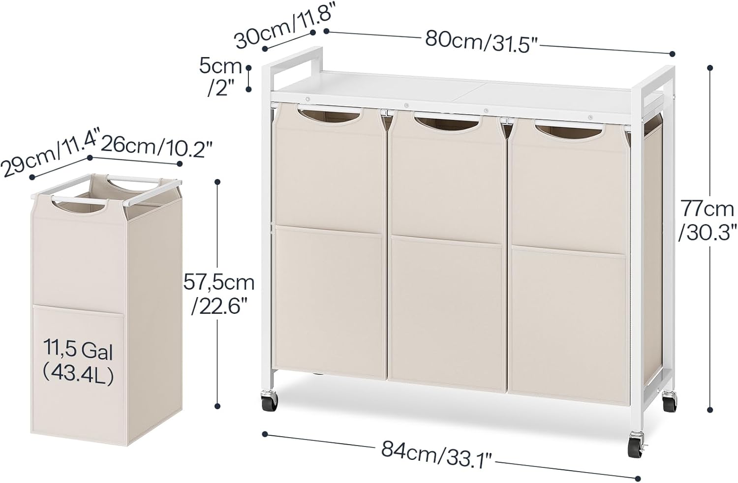 HOOBRO Laundry Sorter 3 Section, Laundry Hamper with Wheels, 3 × 11.5 Gal (43.4L), Rolling Laundry