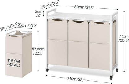 HOOBRO Laundry Sorter 3 Section, Laundry Hamper with Wheels, 3 × 11.5 Gal (43.4L), Rolling Laundry