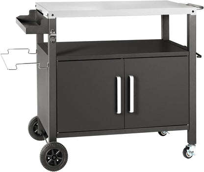 Dining Cart Table with Big Storage Cabinet, Movable Outdoor BBQ Grill Table Pizza Oven Stand