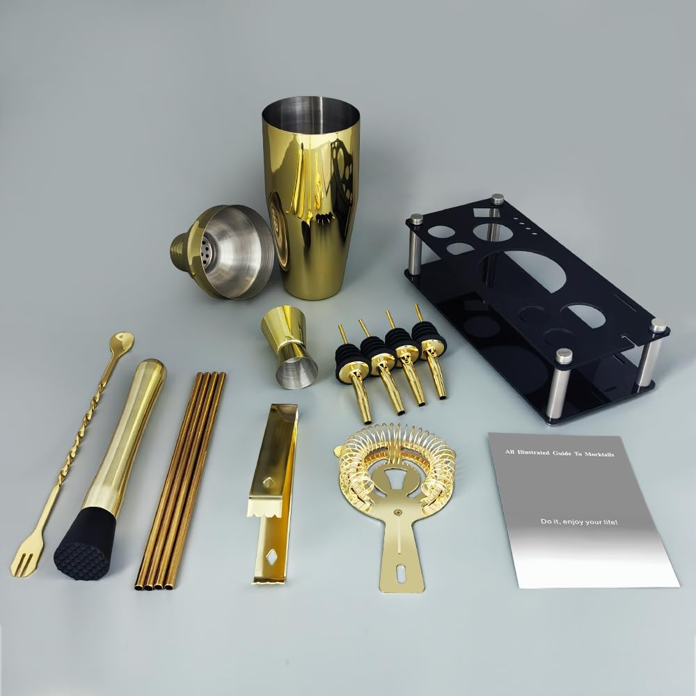 14-Piece Cocktail Shaker Set Bartender Kit with Black Stand, Bar Tool Set for Drink Mixing