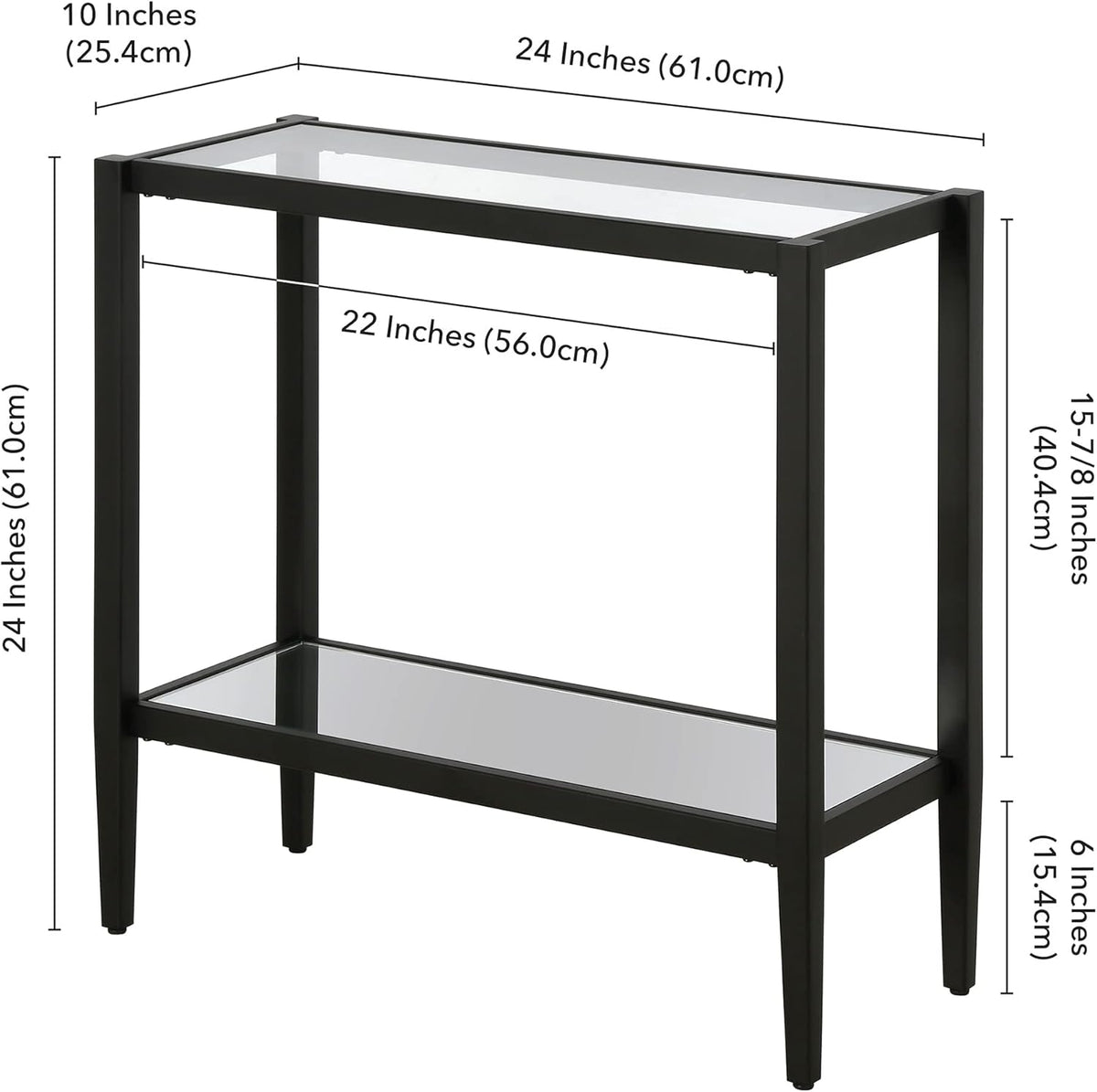 Henn&Hart 24" Wide Rectangular Side Table with Glass Shelf in Blackened Bronze, Table for Living