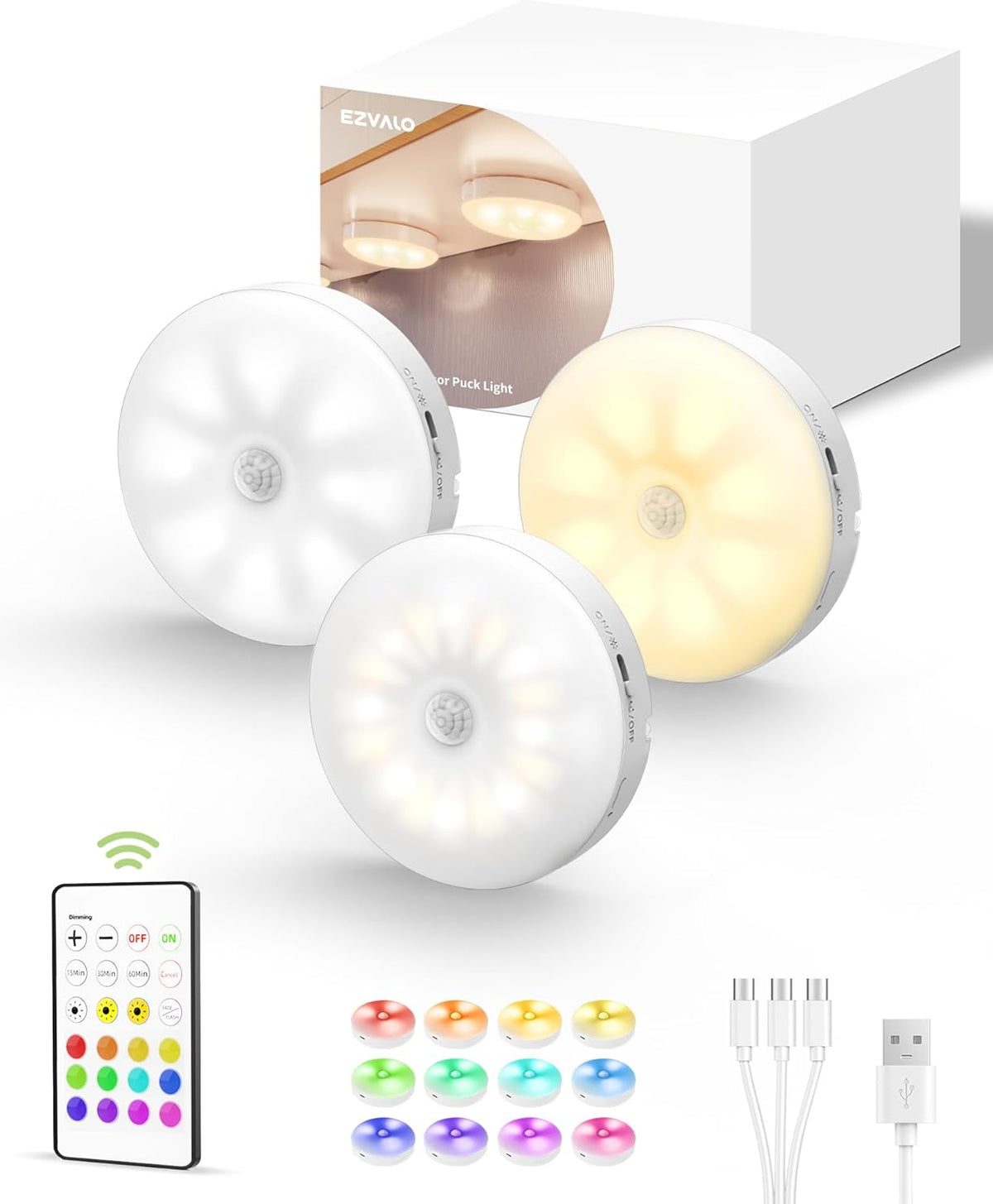 EZVALO Under Cabinet Lighting,1000mAh Rechargeable Puck Lights with Remote,3 Color Temps & 12 RGB