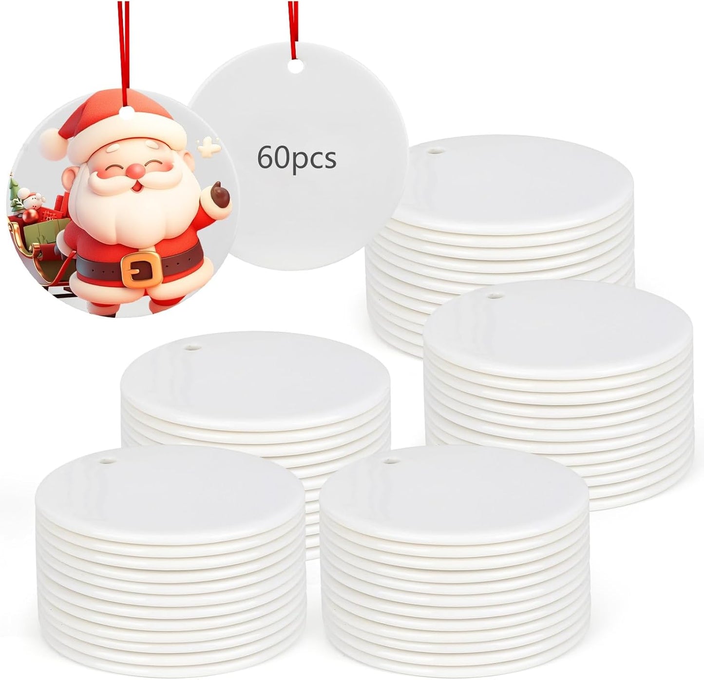 60 PCS Sublimation Ceramic Ornament Blank 3 Inch Round Two-Sided Printed White Ceramic Decoration