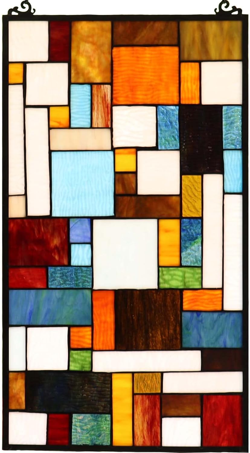 Bieye Geometric Color Block Tiffany Style Stained Glass Window Panel with Hanging Chain (13x24