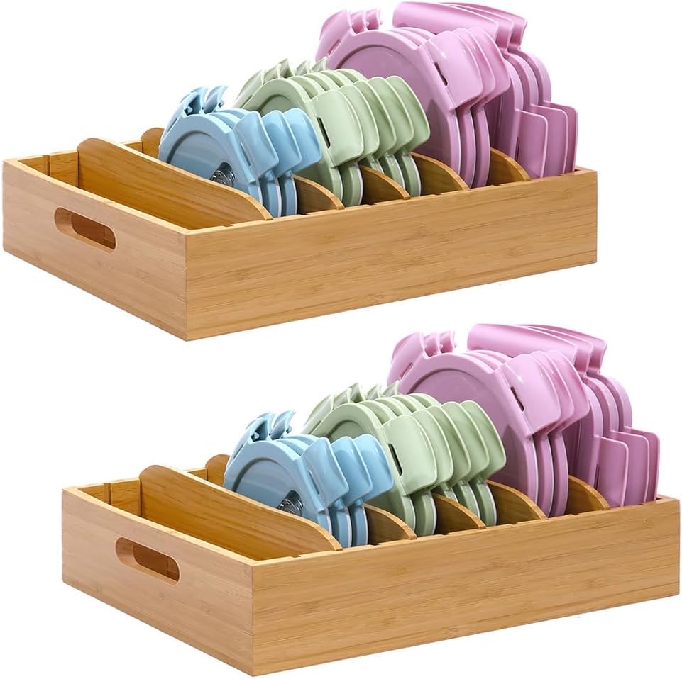 2 Pack Bamboo Lid Holder Food Container, Kitchen Organizer with 5 Adjustable Dividers, Cabinet