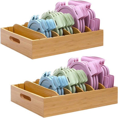 2 Pack Bamboo Lid Holder Food Container, Kitchen Organizer with 5 Adjustable Dividers, Cabinet