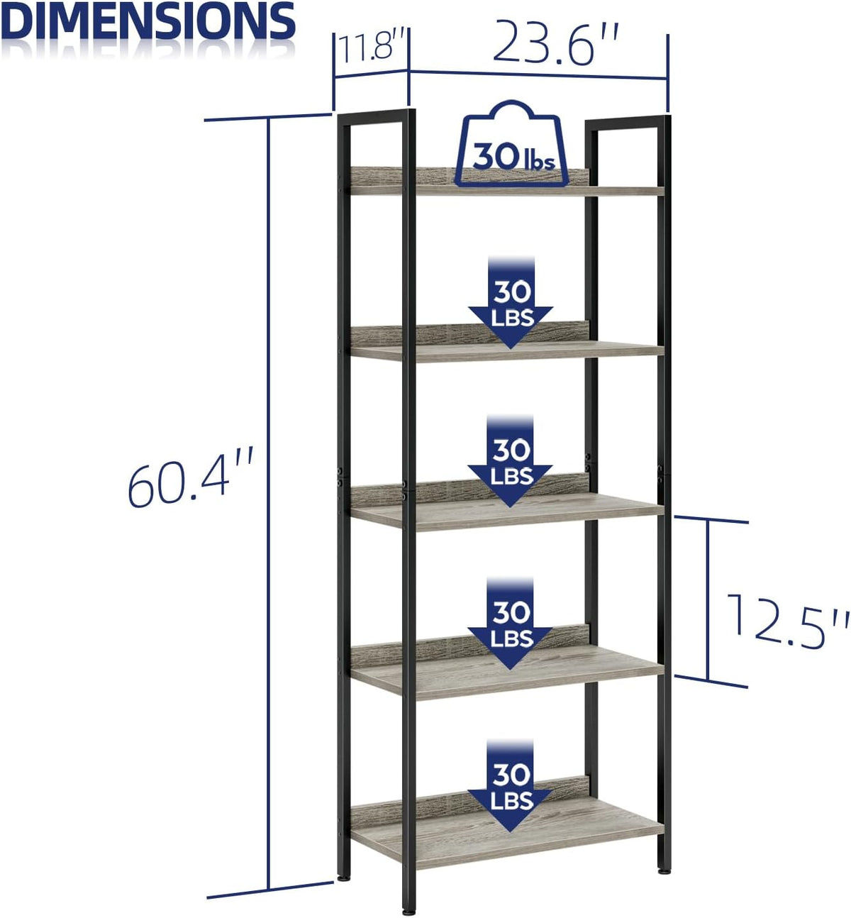 NUMENN Bookshelf, 5 Tier Bookshelves, Home Office Bookcase Shelf Storage Organizer, Free Standing