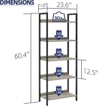 NUMENN Bookshelf, 5 Tier Bookshelves, Home Office Bookcase Shelf Storage Organizer, Free Standing