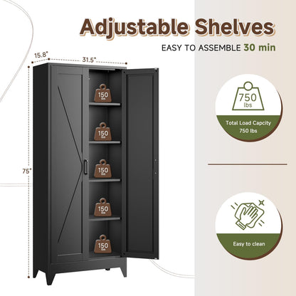 Letaya Storage Cabinet,75" H Metal Kitchen Pantry Cabinets with Doors and Adjustable Shelves,Pantry