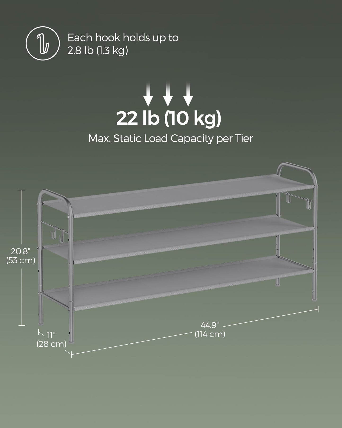 SONGMICS Shoe Rack, 3 Tier Shoe Organizer, Fabric Shoe Shelf Storage with 4 Hooks, Holds up to 18