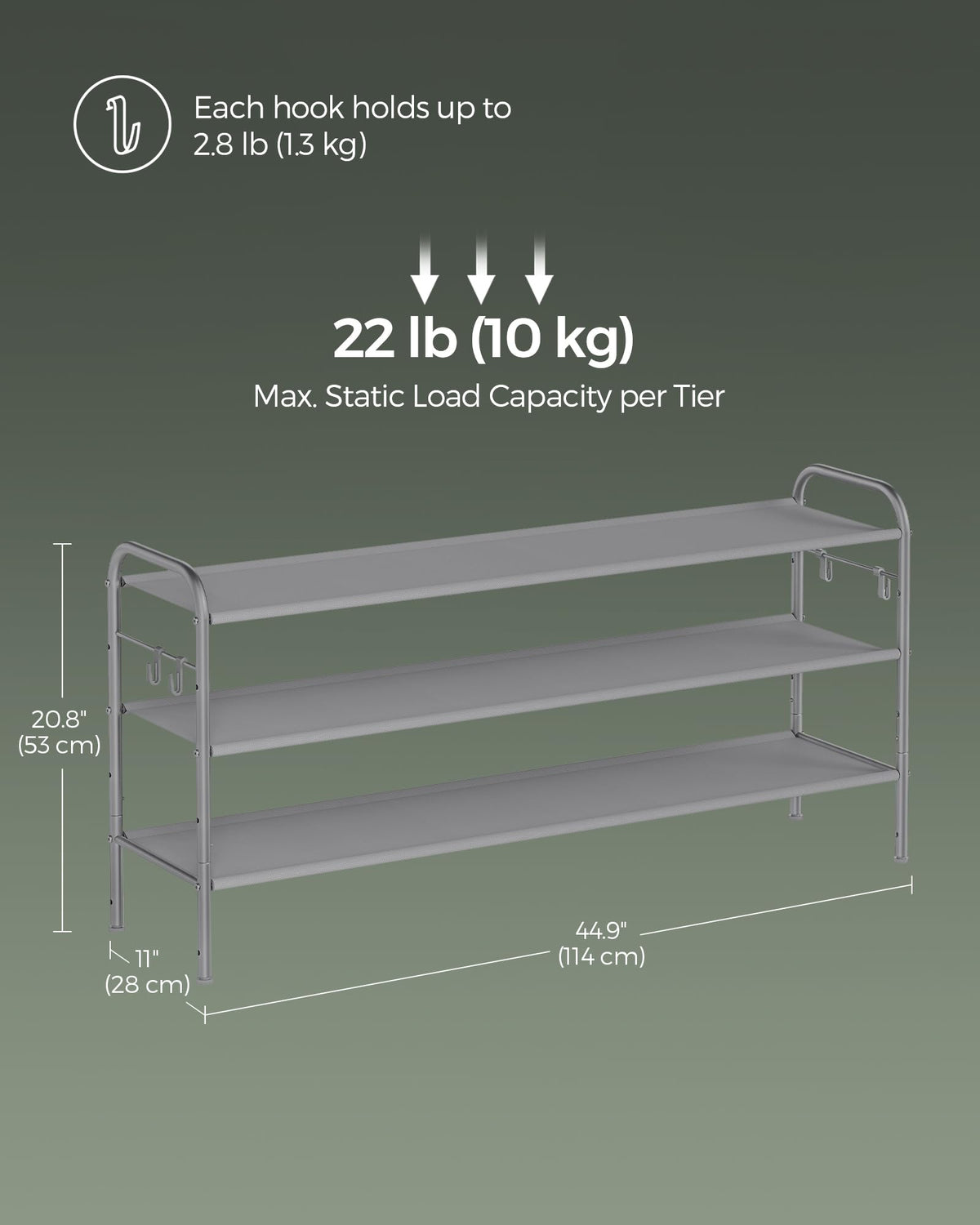 SONGMICS Shoe Rack, 3 Tier Shoe Organizer, Fabric Shoe Shelf Storage with 4 Hooks, Holds up to 18