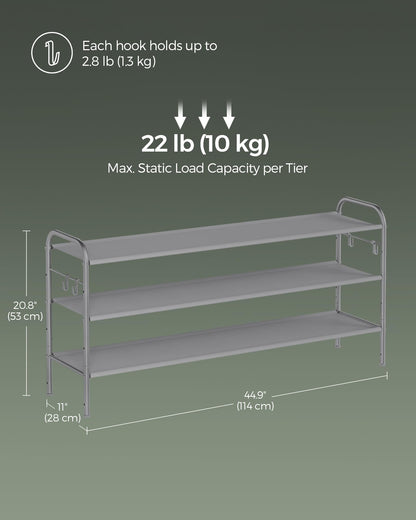 SONGMICS Shoe Rack, 3 Tier Shoe Organizer, Fabric Shoe Shelf Storage with 4 Hooks, Holds up to 18