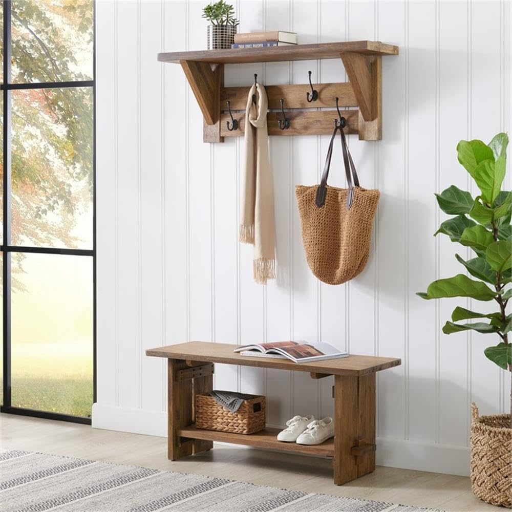 Alaterre Bethel Rustic Solid Wood Bench & Wall Mounted Coat Rack, Natural
