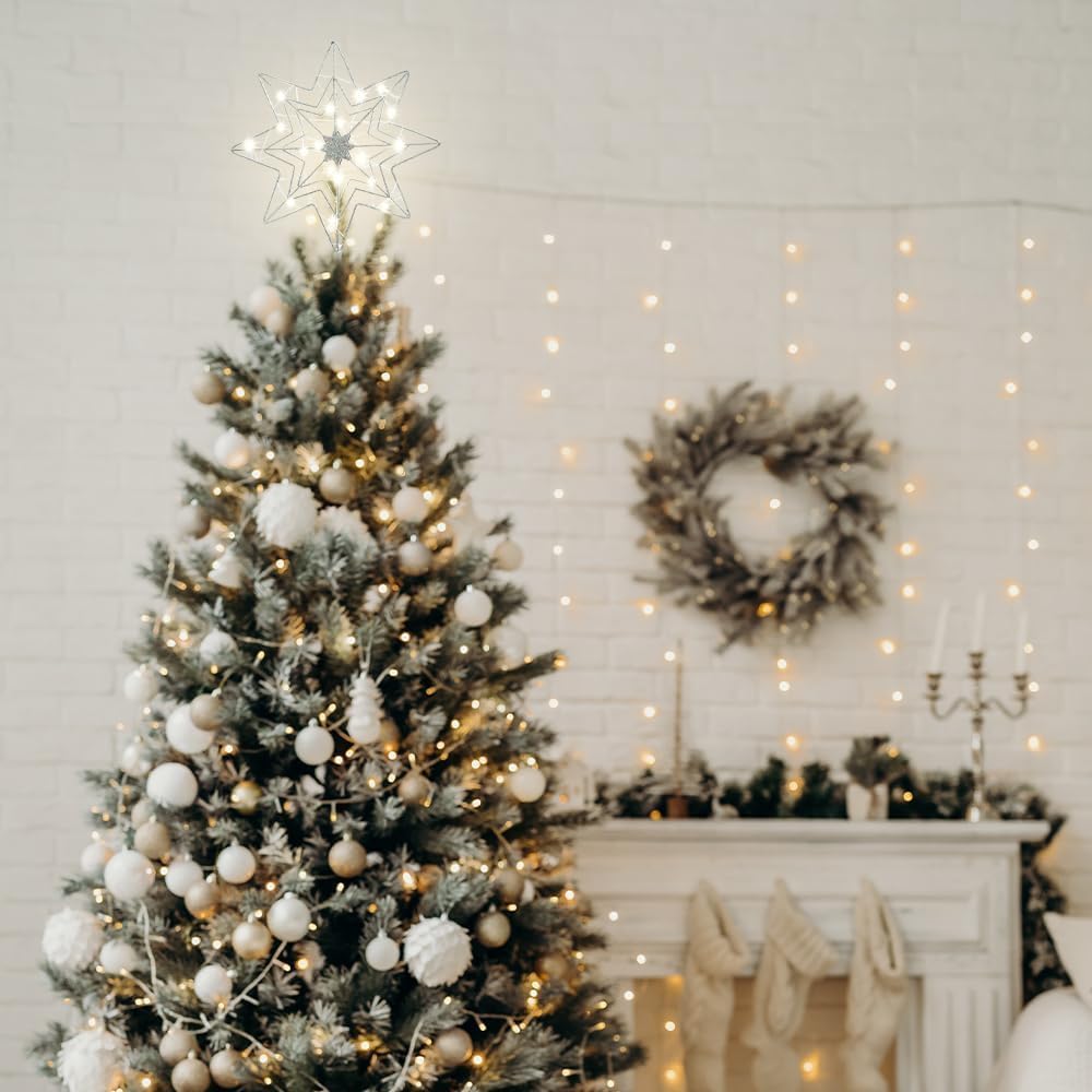 hogardeck Christmas Tree Topper, Glittered Silver 8-Pointed Star Tree Topper for Christmas Treetop