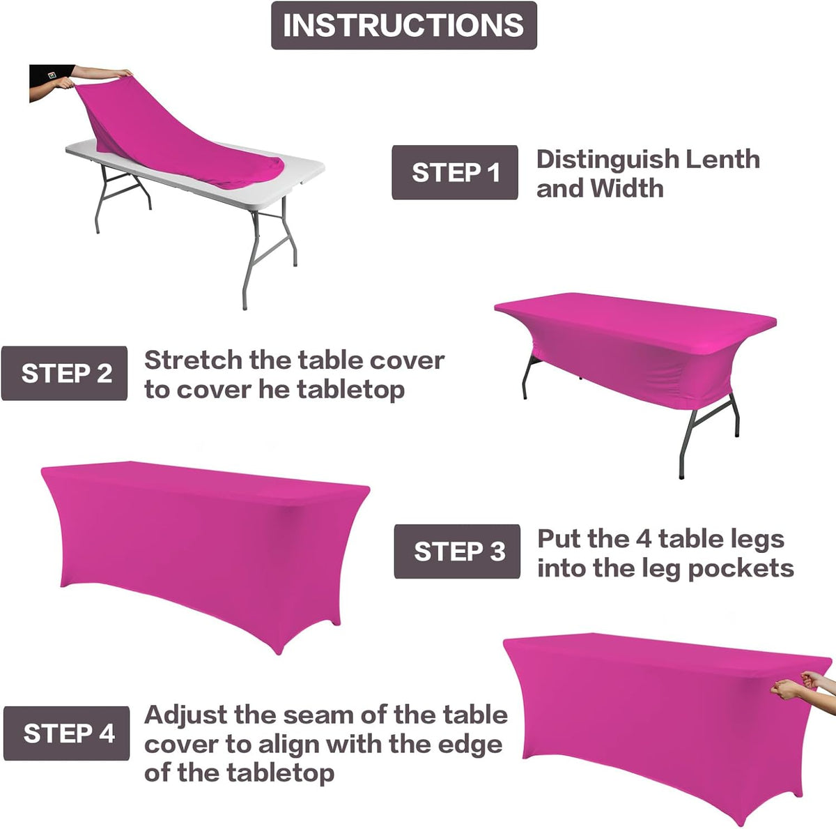 IVAPUPU 2 Pack 8FT Table Cloth for Rectangular Fitted Events Stretch Fuchsia Table Covers Washable