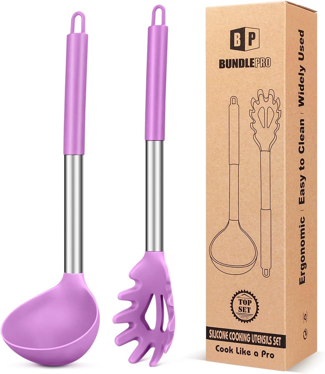 Silicone Pasta Fork and Ladle Spoon Set, Large Non Stick Kitchen Utensils for