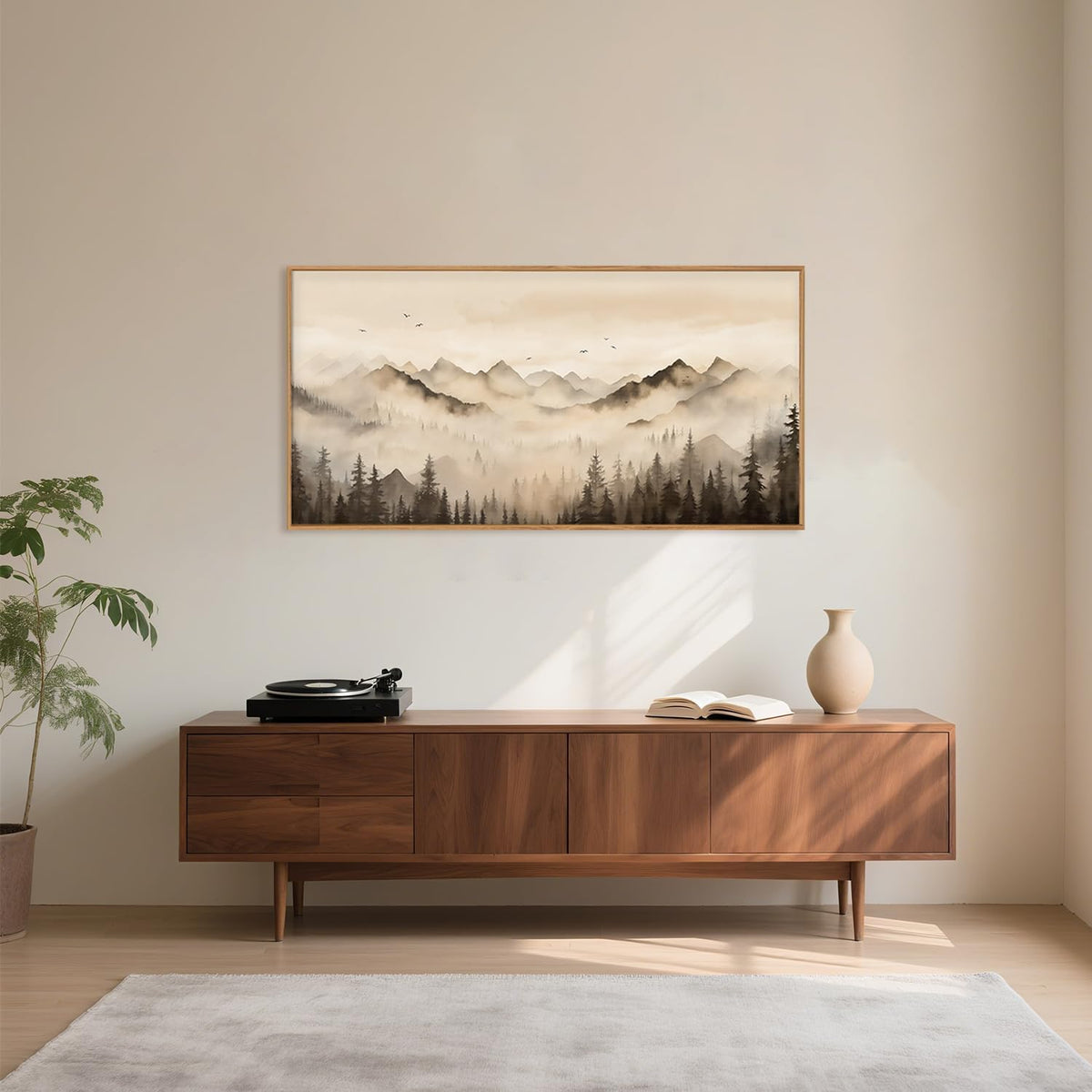 Nature Misty Forest Framed Canvas Wall Art Set, Foggy Landscape Wall Decor, Watercolor Pine Tree