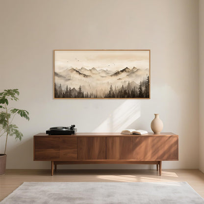 Nature Misty Forest Framed Canvas Wall Art Set, Foggy Landscape Wall Decor, Watercolor Pine Tree