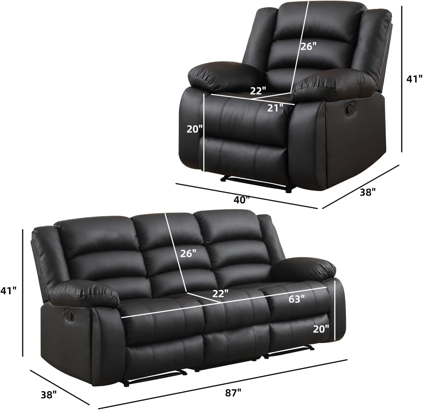EBELLO Faux Leather Manual Recliner Sofa Set, 3 Seat Reclining Sofa, Couch Furniture Set for Living