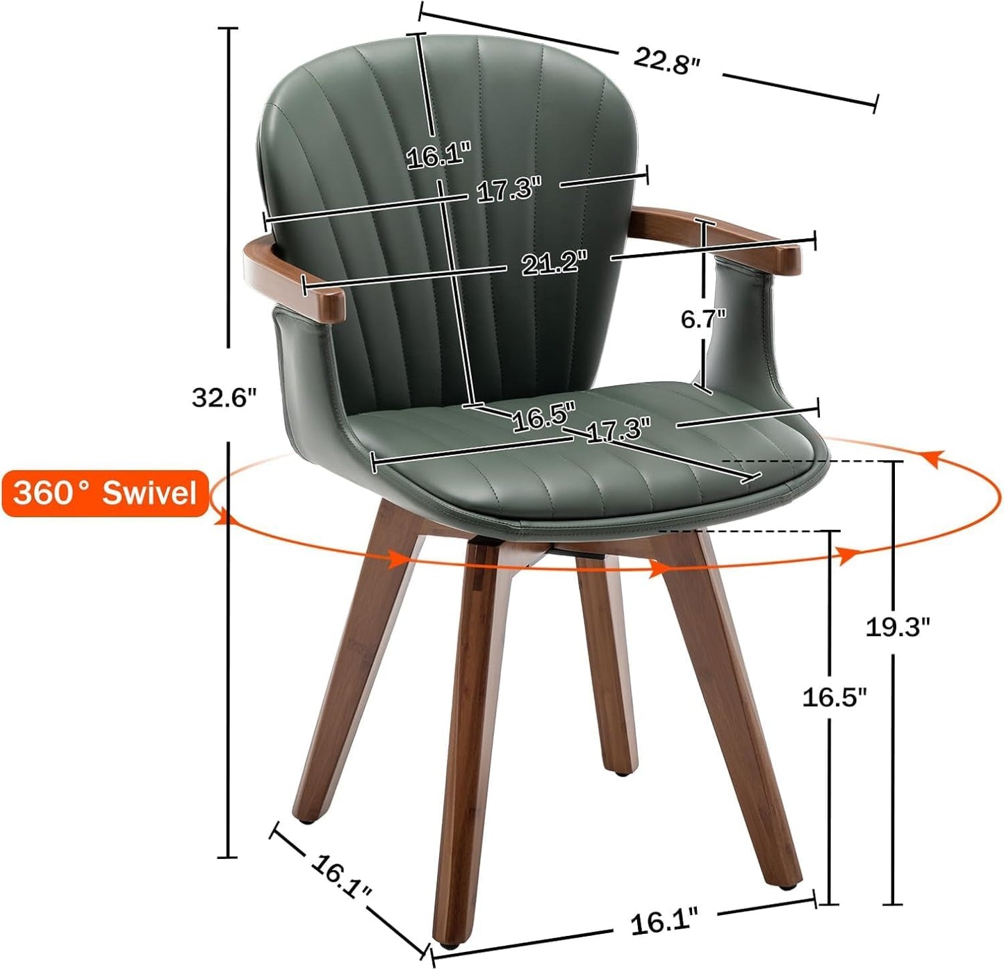 LUNLING Swivel Dining Chairs, Mid Century Modern Green Faux Leather Kitchen Chairs with Arms,Bamboo