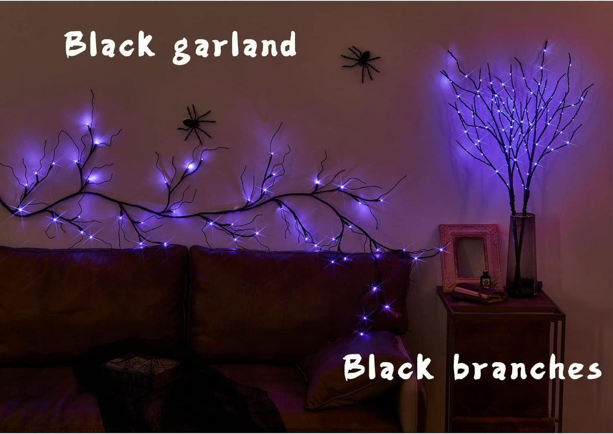 Fudios Halloween Lighted Branches with Timer 100 LED Purple Fairy Lights 32IN, Artificial Black