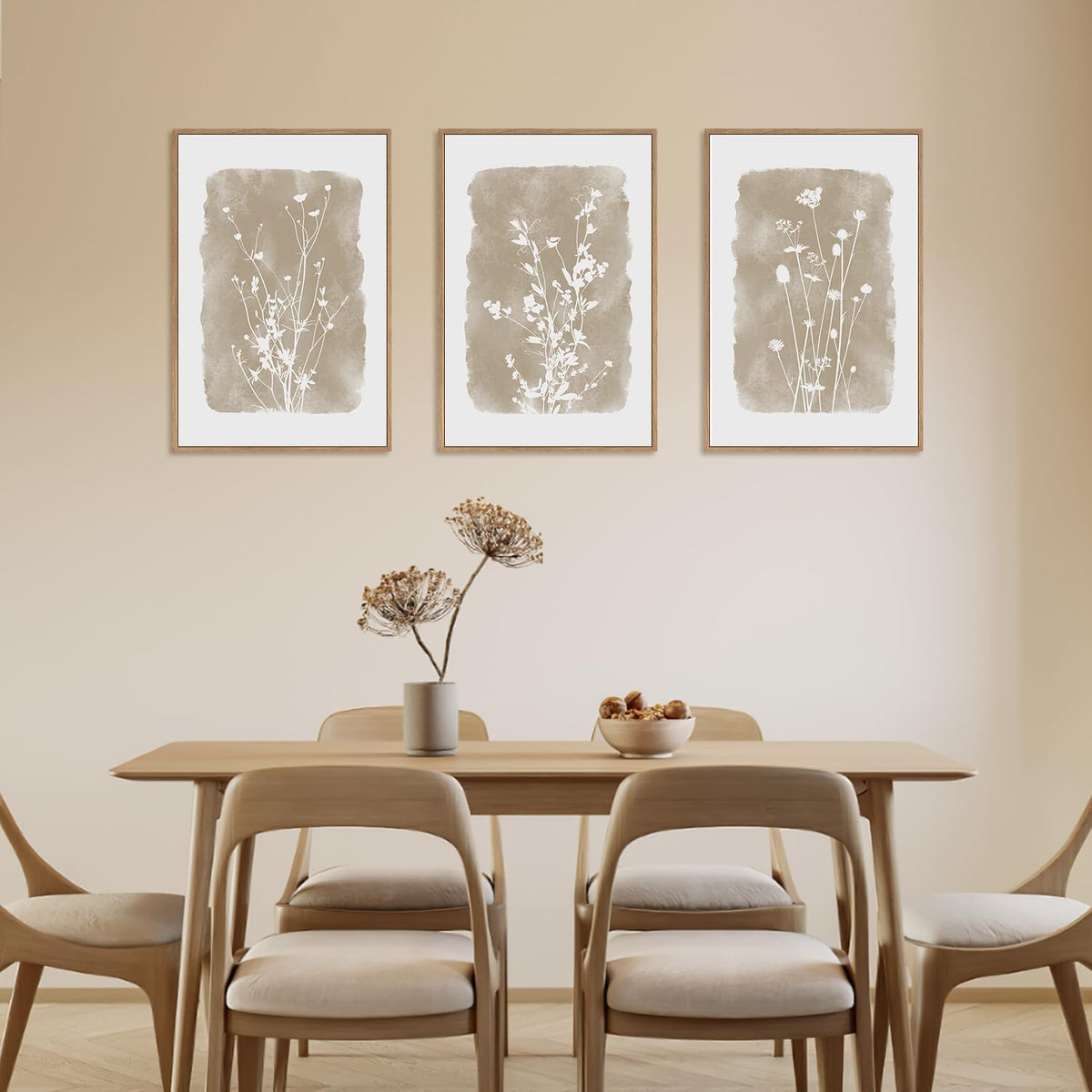 HPINUB Large Boho Wildflowers Canvas Framed Wall Art Set,Minimalist Vintage Flower Wall Decor,Beige