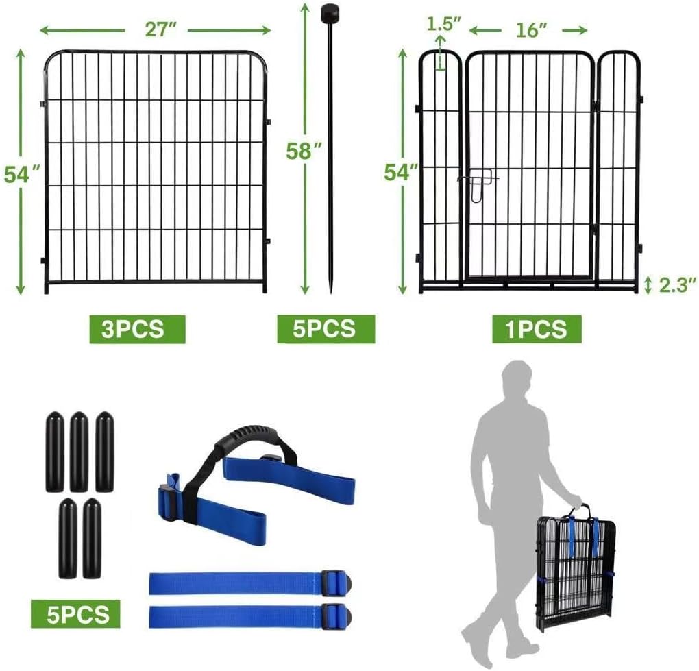 ADAVIN Tall Garden Fence Wide Door Low Threshold, 54 inch High 4 Panels Total 8.8 Ft(L), Black